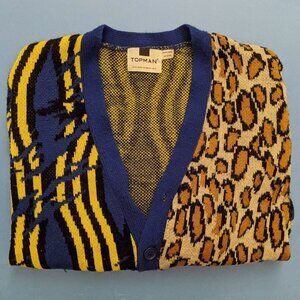 Topman | Eclectic Blue Pattern & Leopard Animal Print Cardigan | S